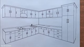 طريقة رسم مطبخ في منظور بنقطتين    #تعليم_الرسم_للمبتدئين