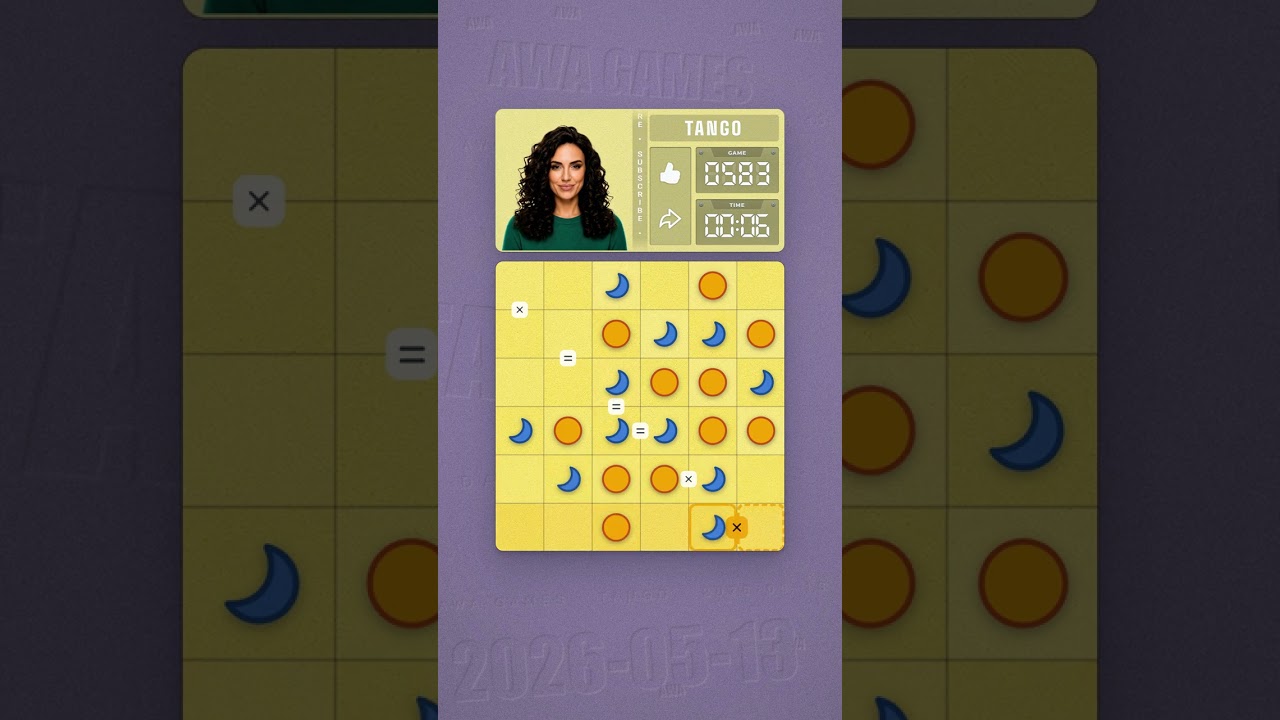 LinkedIn Tango #583 solved board for May 13, 2026, 6x6 grid