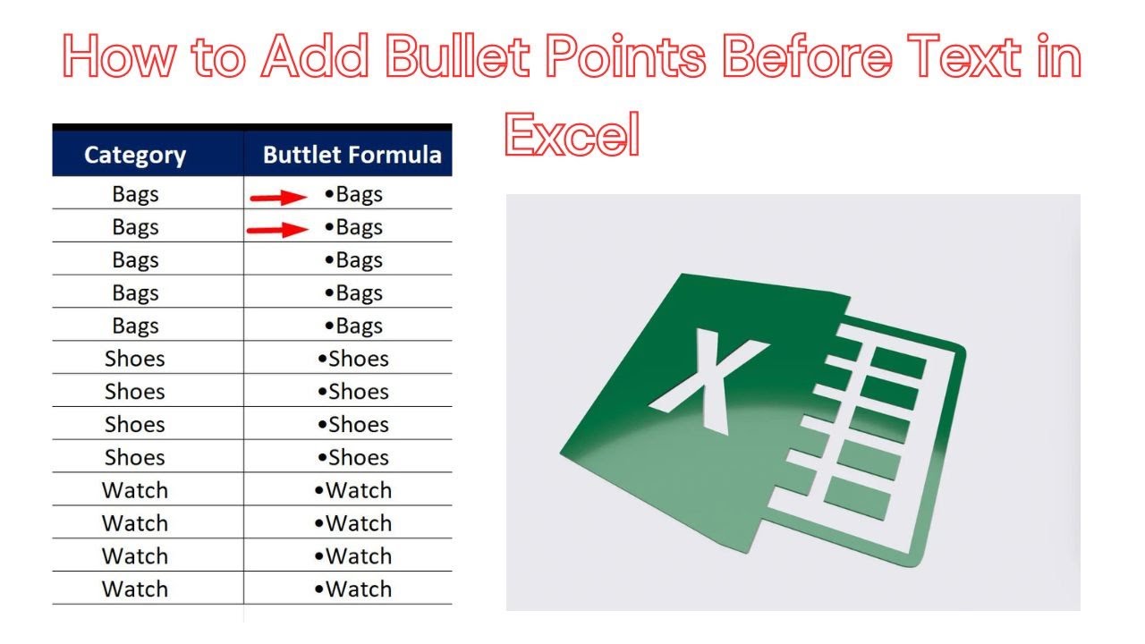 How to Add Bullet Points Before Text in Excel - YouTube