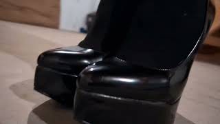 Black Pleated Dress, Black Platform Pointed Toe Heels And Black Tights.