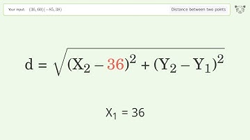 Find the distance between two points p1 (36,60) and p2 (-85,38): Step-by-Step Video Solution