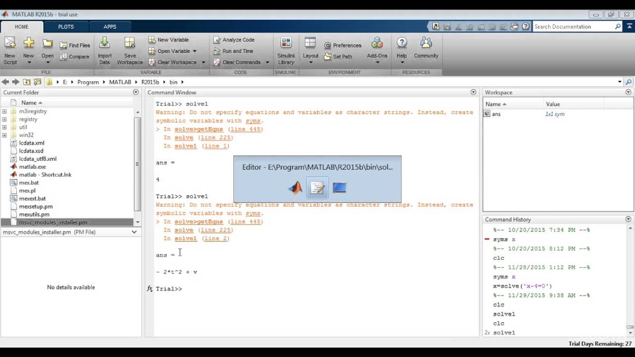 MATLAB 10.1 - Solving Algebraic Equations - YouTube