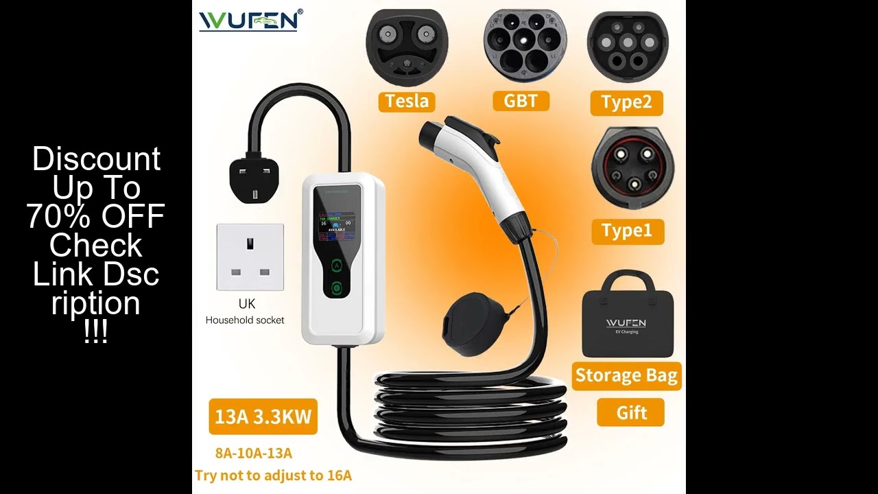 WUFEN Electric Car Portable Type2 GBT NACS Type1 UK BS Plug EV Charger 13A 3.3 KW Charging Cable EVS