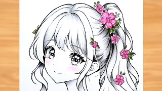 How to  Draw  a Beautiful Anime Girl with Pink Flowers 🌸 | Pencil Drawing & Soft Shading screenshot 5