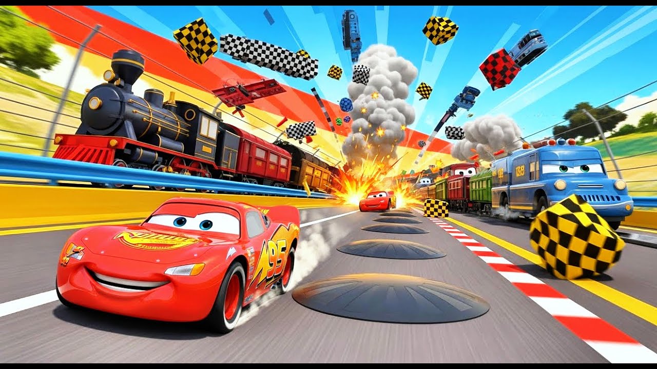 Triple Flatbed Trailer McQueen Transportation with Truck   Speedbumps vs Cars vs Train   BeamNG #3