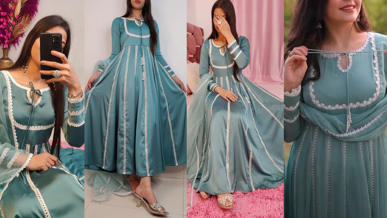 Models inspired dress cutting and stitching/front open anarkali frock cutting/party wear kali frock