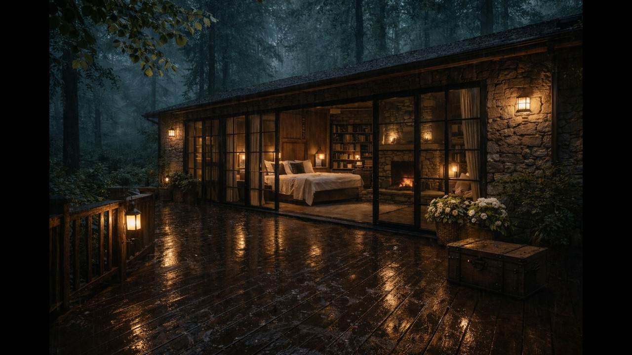 Cozy Rain in a Forest Cabin (No Ads) 🌧️ Fireplace Ambience for Deep Sleep & Relaxation (4K, 3 Hours)