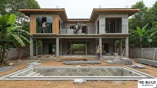Timelapse construction video, bathroom tile and shower and tropical outdoor backyard landscape