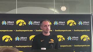Iowa basketball head coach Ben McCollum about Iowa Hawkeyes forward Trey Thompson during media day