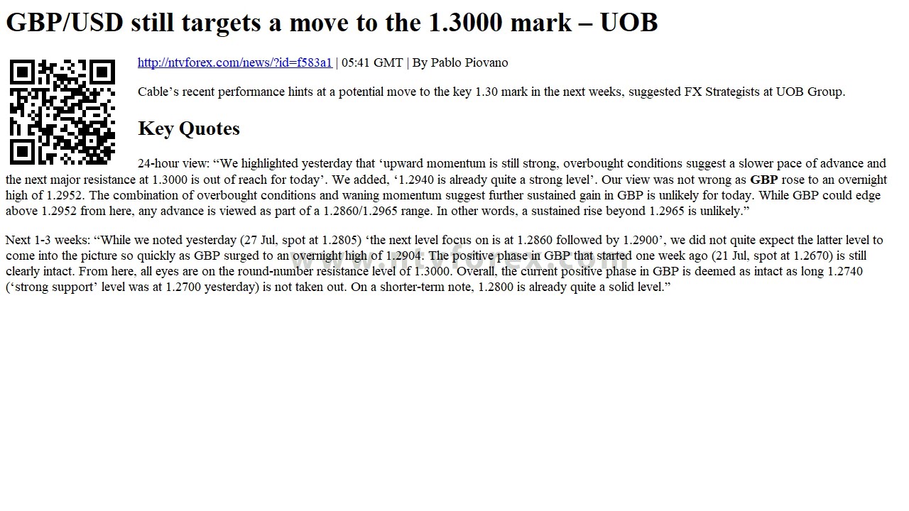 GBP USD still targets a move to the 1.3000 mark UOB
