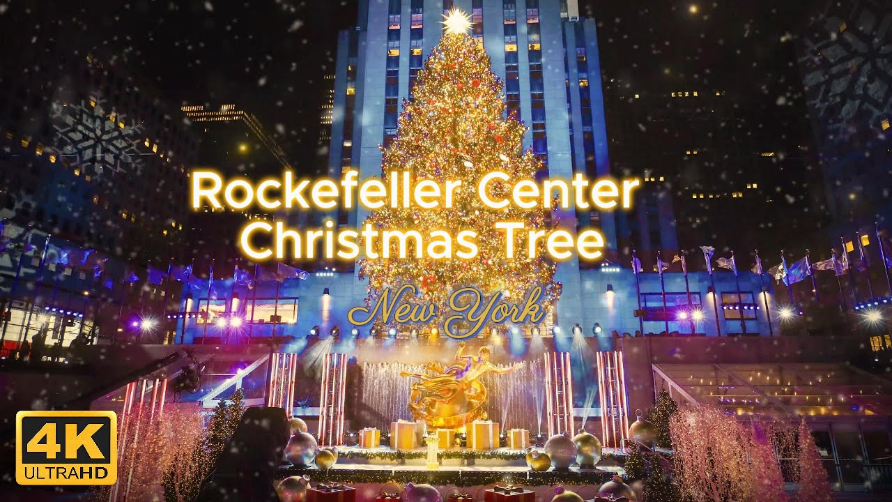 Rockefeller Center Christmas Tree. Night in New York with instrumental music and street sounds 