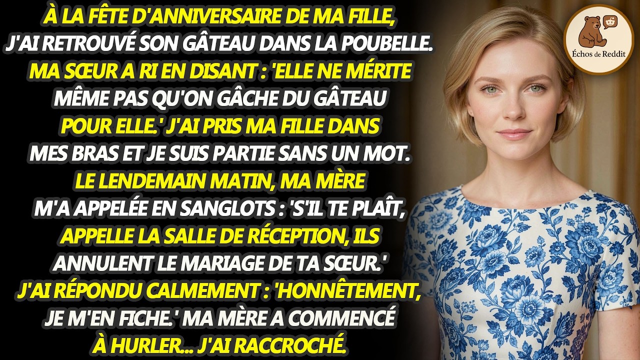 Le jour de l'anniversaire de ma fille, j'ai trouvé son gâteau à 200 dollars écrasé dans la poubelle de la cuisine de mes parents. Ma sœur, qui se coiffait, m'a dit : "Elle ne méritait pas qu'on...