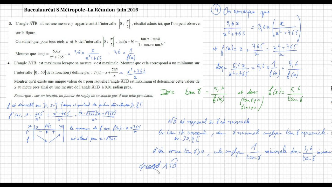 Terminale S - Métropole juin 2016 - Ex4 (2/2) Trigonométrie le rugby