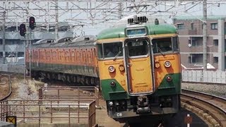 JR西日本 113系 湘南色 4連+4連 8両編成オール湘南色 C17+C8 大津京駅発着 20100724