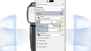 Increase / decrease the  Brush Size  in GIMP  (Basic Tools)