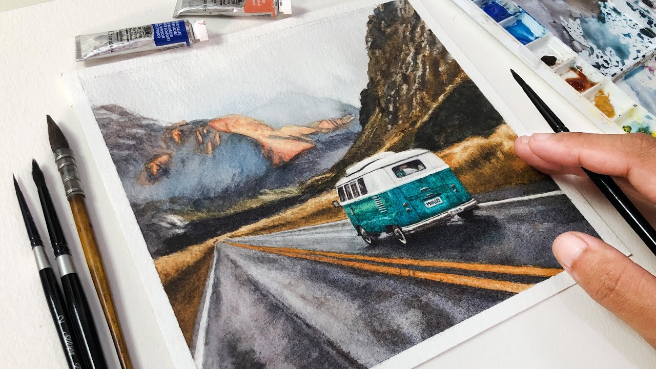 Misty Road Trip in Watercolor Painting