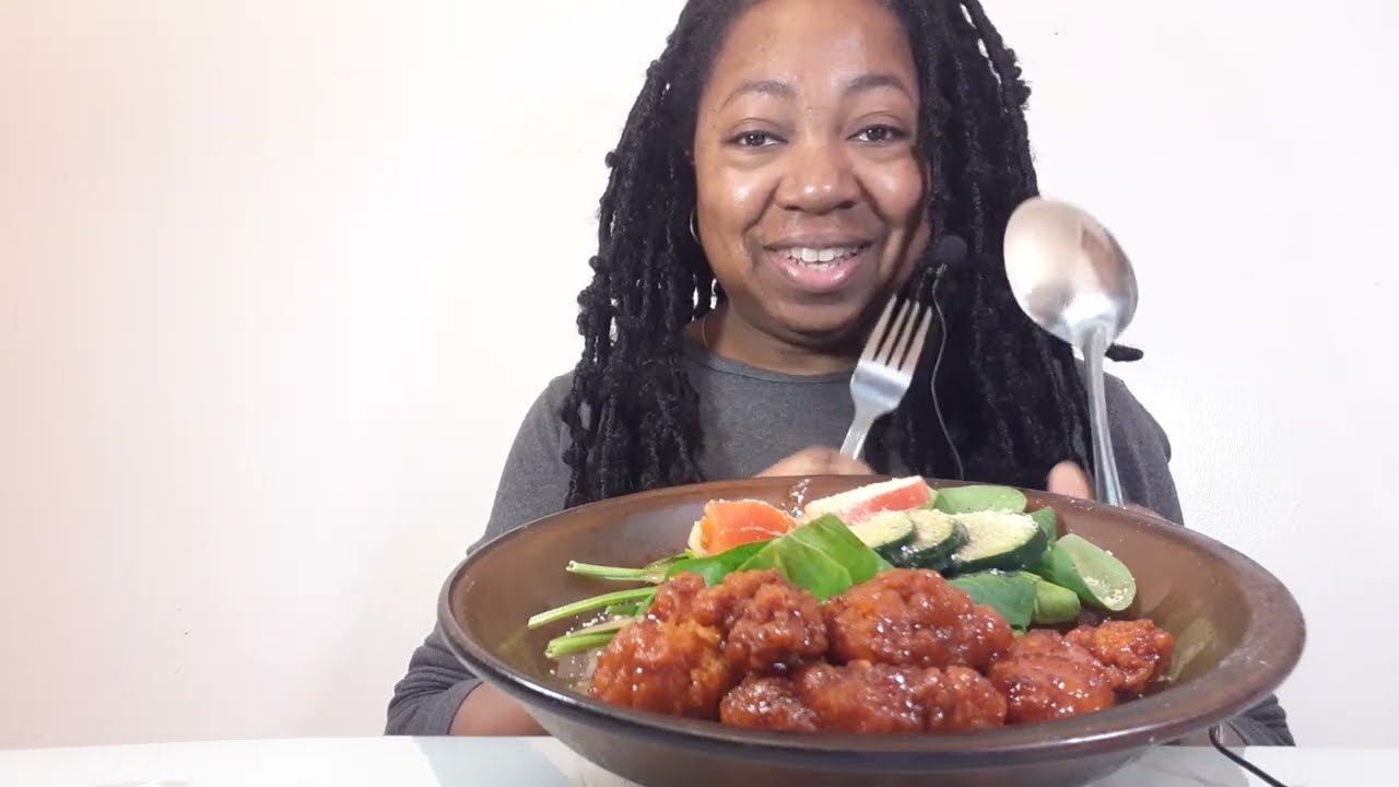 ASMR eating Buffalo tenders and salad