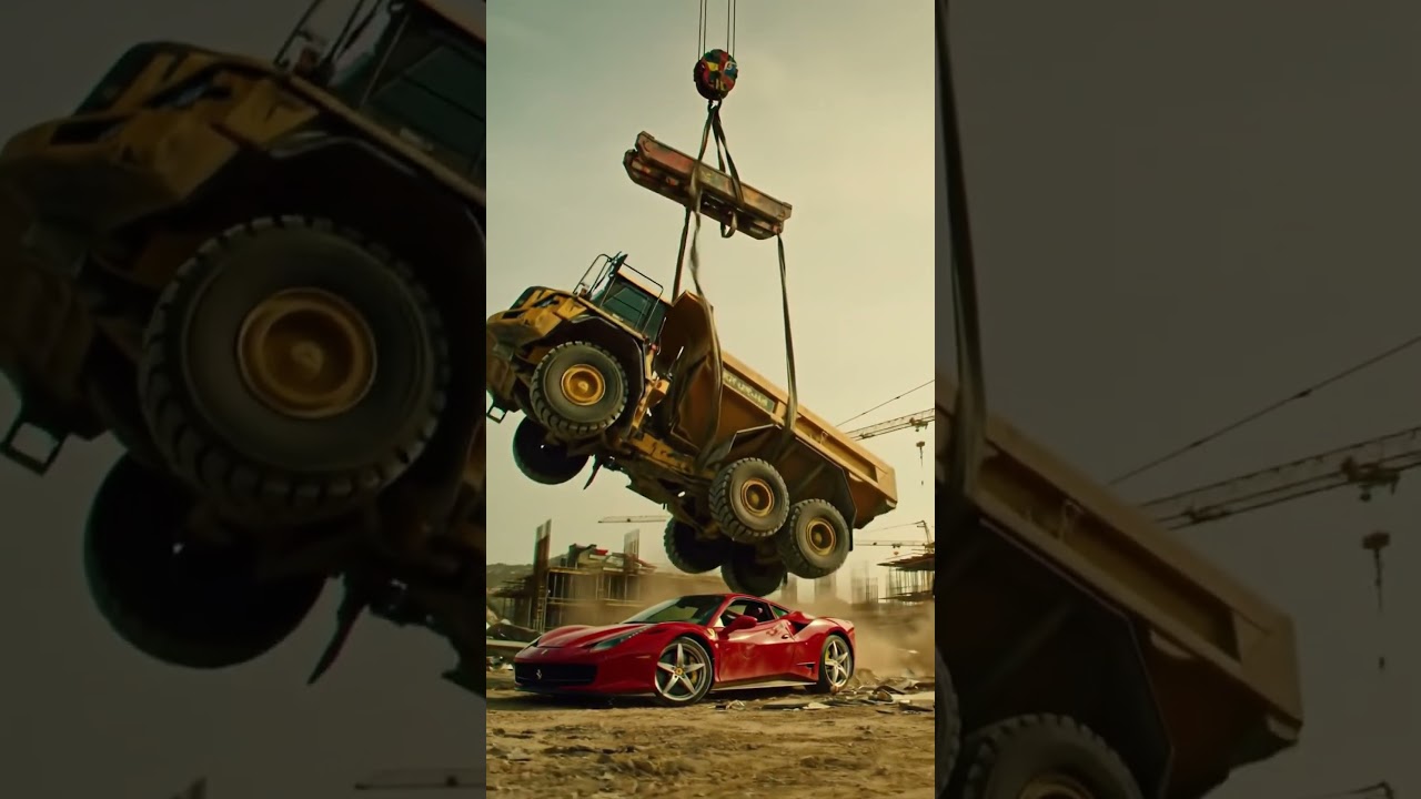 Luxury vs. Heavy Duty: Ferrari Under a Giant Dump Truck Crane Drop! 🤯🏗️