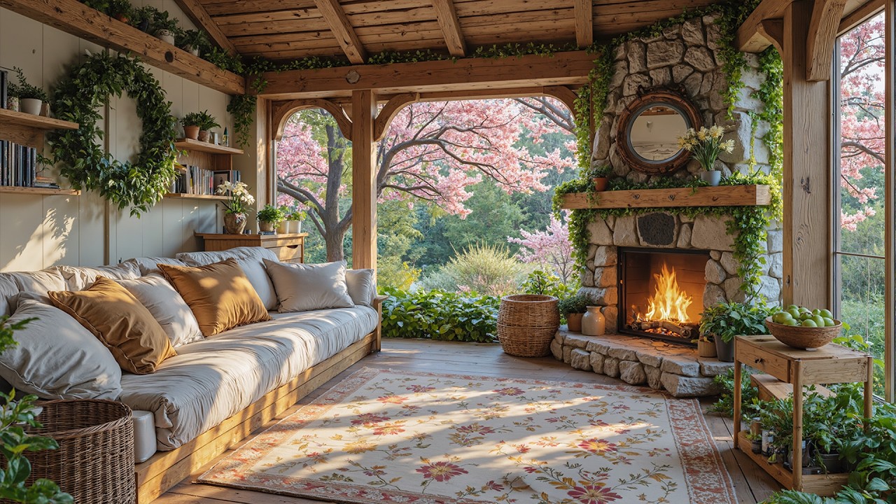 Уютная весенняя атмосфера 🌺 Расслабляющая фортепианная музыка и потрескивание камина для снятия стр