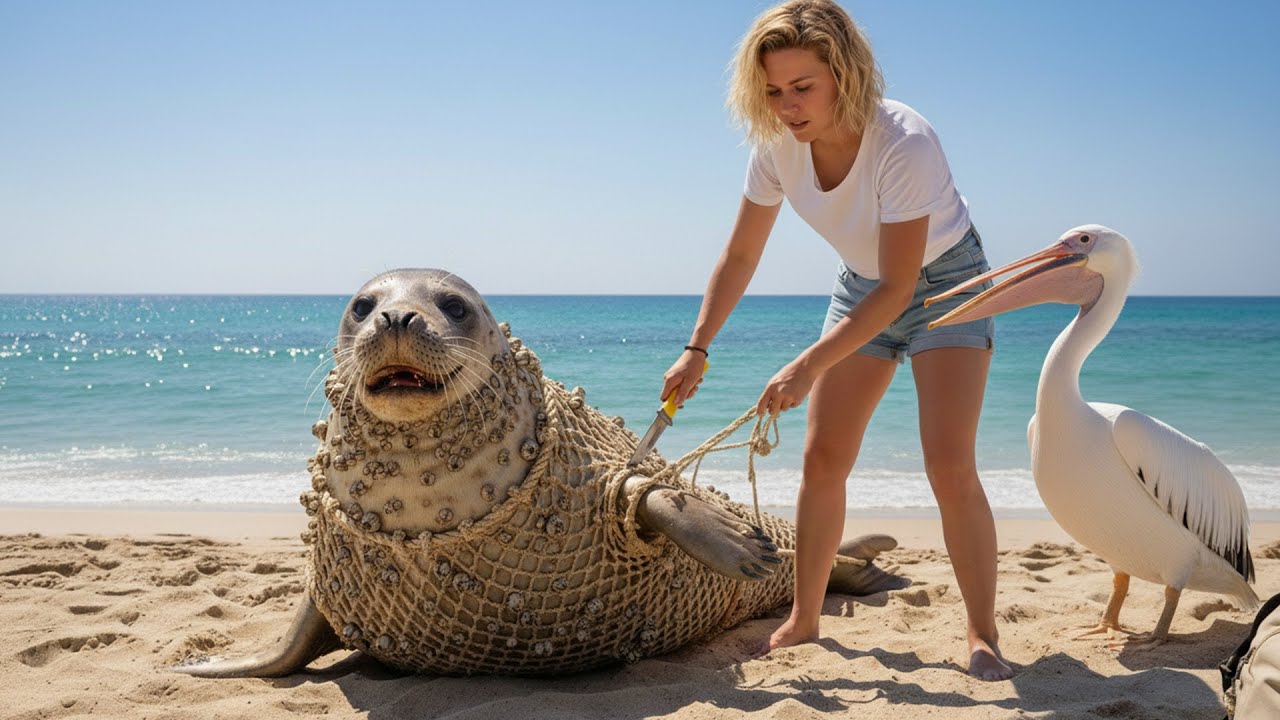 Smart Pelican 🕊️ Guides Rescuer to Seal Caught in Abandoned Net 🦭