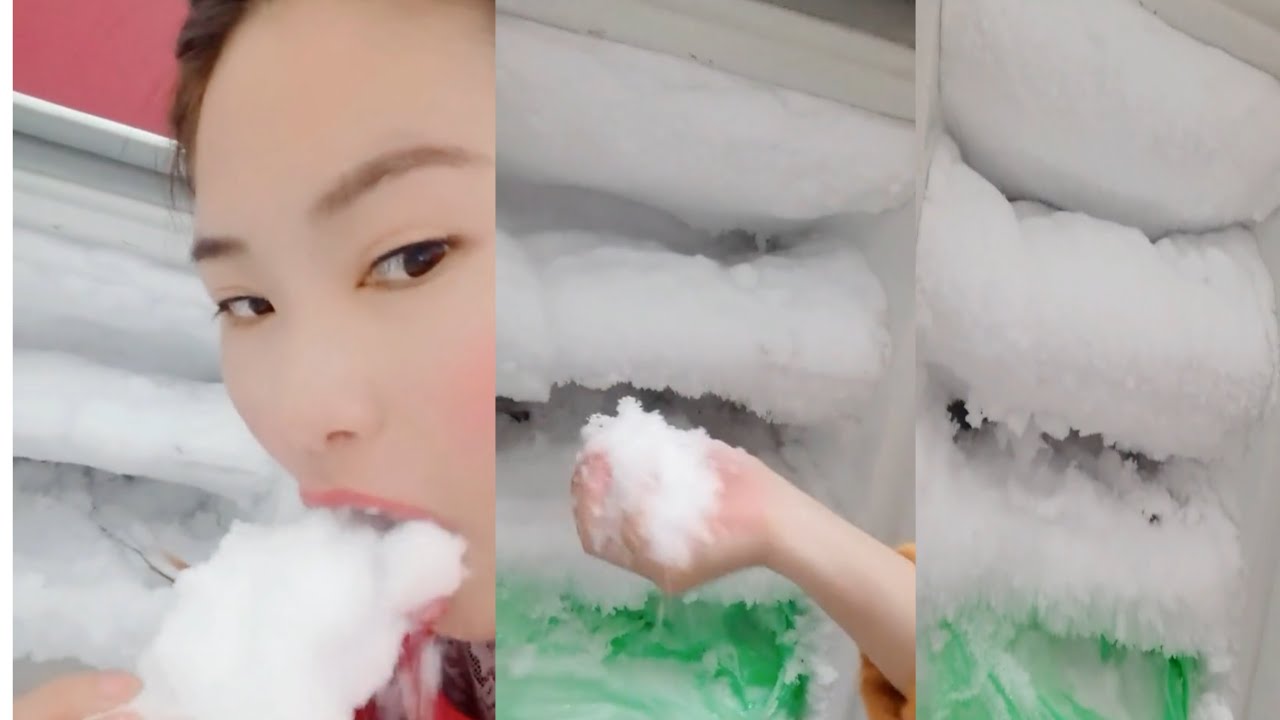super satisfying freezer frost eating/scraping freezer flak,crunchy🤤#asmr #freezerfrost #iceeating