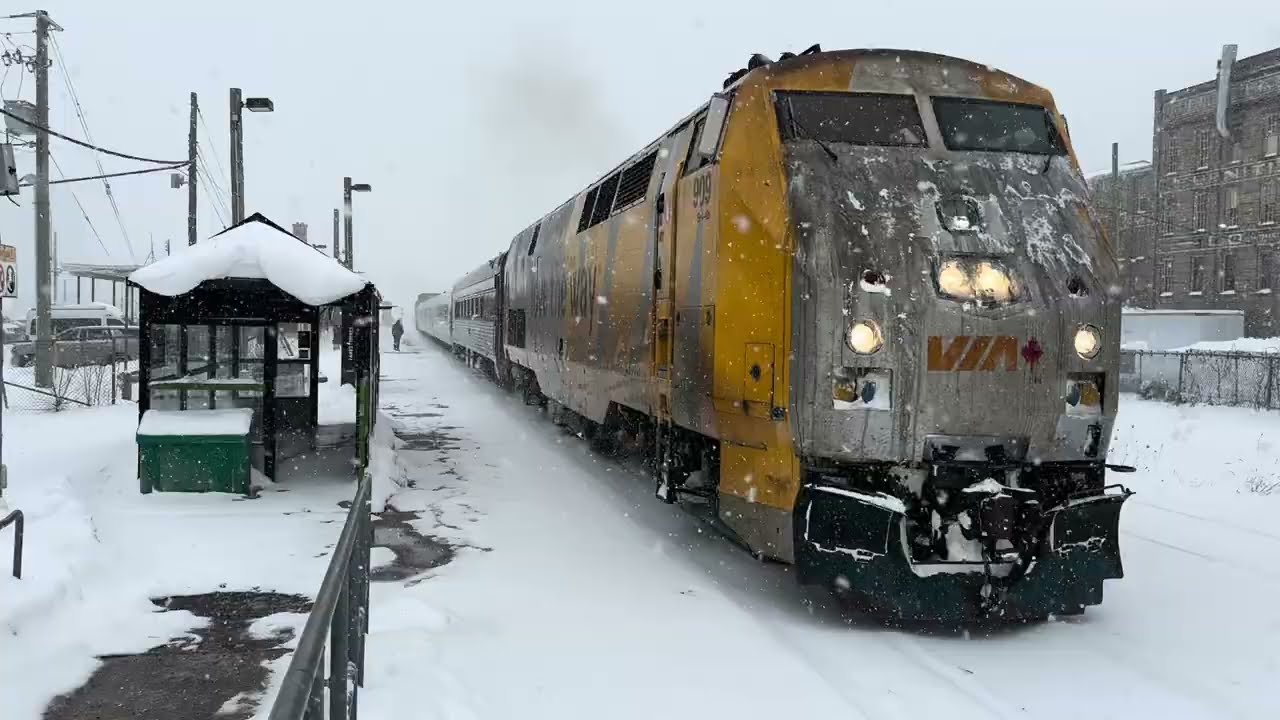 VIA Rail Train 84 P42 909 LRC Cars Departs Kitchener Ontario Station Guelph Subdivision In Snowstorm