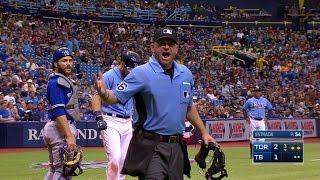 TOR@TB: Cash and the home plate umpire exchange words