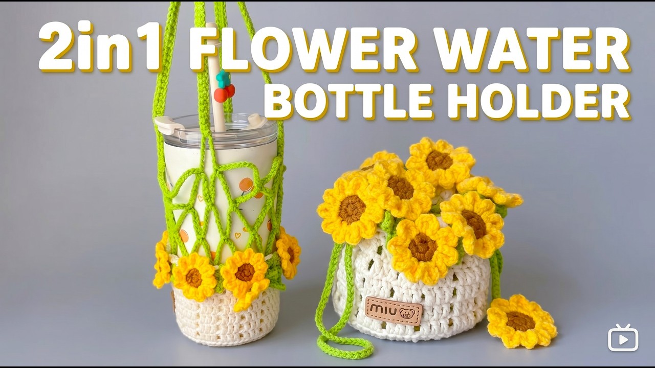 sunflower★断捨離中まとめ歓迎★ Crochet Sunflower Cup Sleeve & Mini Basket 🌻 Easy Tutorial for