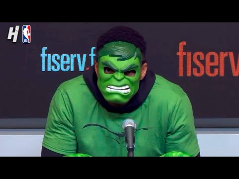 Giannis Antetokounmpo dressed up as the Hulk for his Postgame Interview 😂