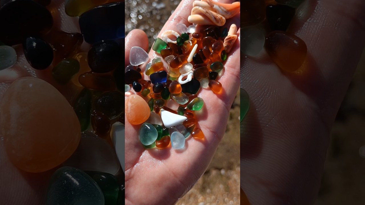 Beach treasures. Seaglass and sea shells.  Beachcombing in Rota. 