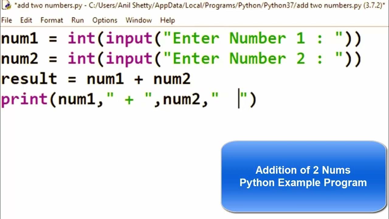 Sum of Two Numbers Addition of 2 Nums ! Python Example Program - YouTube