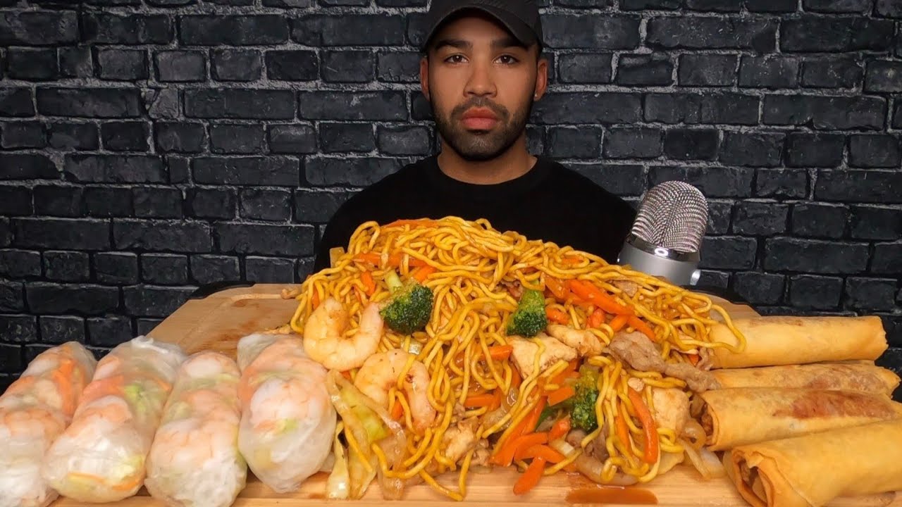 (ASMR) NOODLES MUKBANG + SPRING ROLLS & SALAD ROLLS
