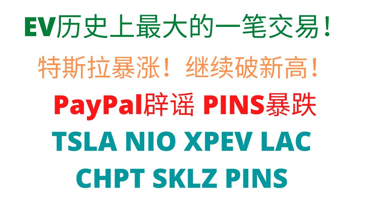 第323期「幂笈投资」特斯拉带动EV板块暴涨，有史以来最大的一笔交易！| PayPal辟谣收购事宜，Pins暴跌 | 三傻止盈？| TSLA NIO  XPEV LAC CHPT SKLZ PINS
