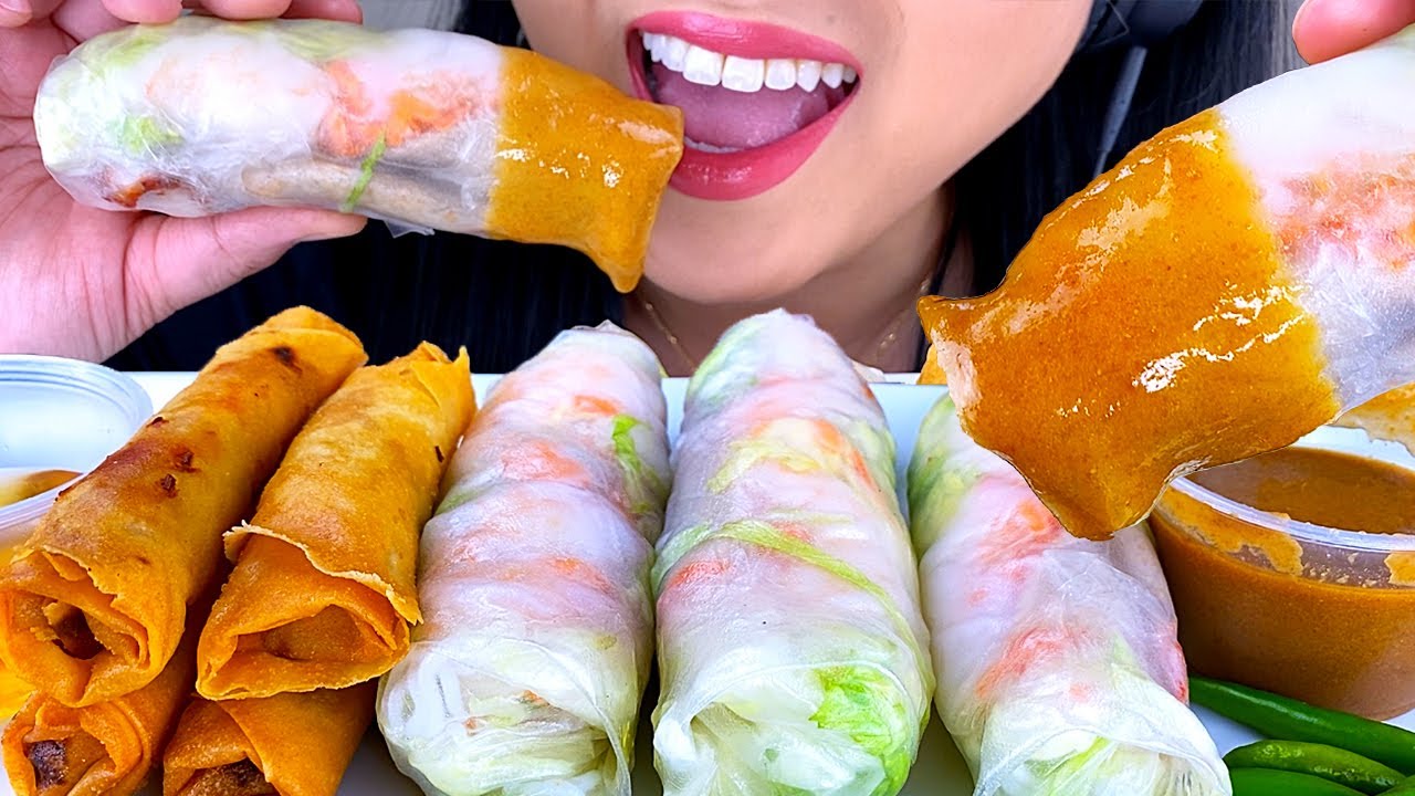 ASMR SPRING ROLLS & CRISPY EGG ROLLS (NO TALKING) EATING SOUNDS | ASMR Phan
