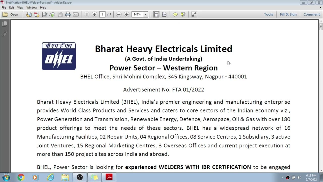 BHEL Welder Recruitment 2022. Welder Vacancy in BHEL- Apply online Salary : Rs.47000/- P.M.