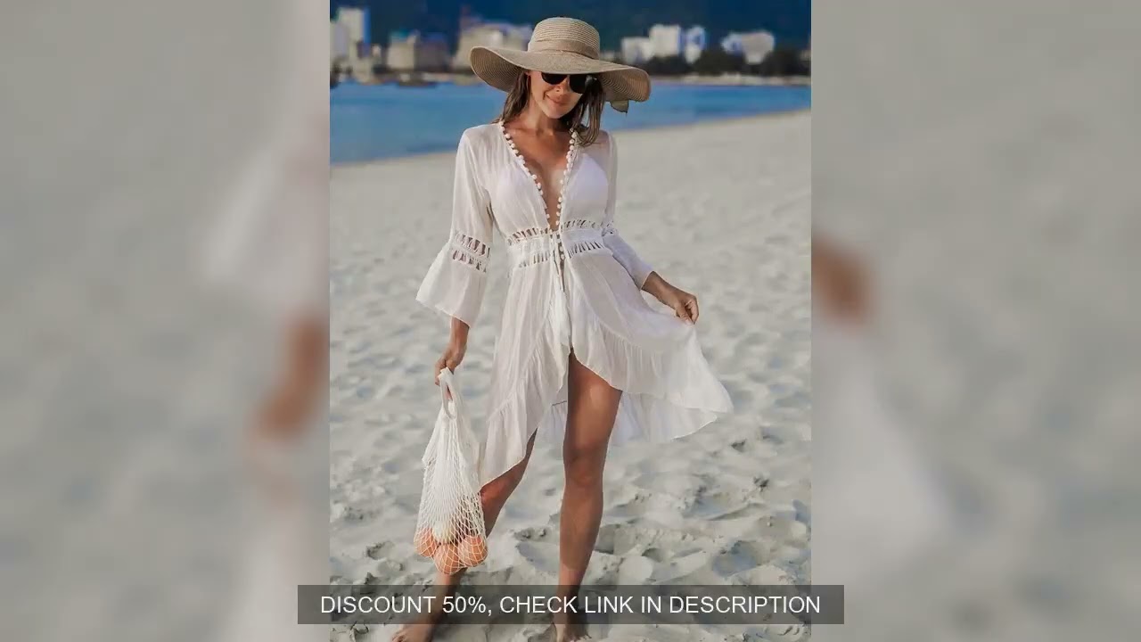 Summer Crochet Boho Beach Swimsuit Bikini Cover Up Lace-Up Hairball Long Blouse Hollow Out Open-Fron