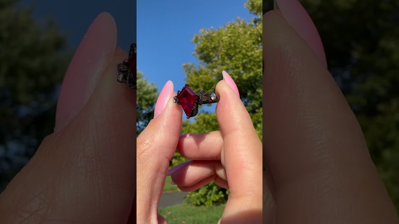 Kite Ruby Twig Floral Leaf Black Gold Engagement Ring.