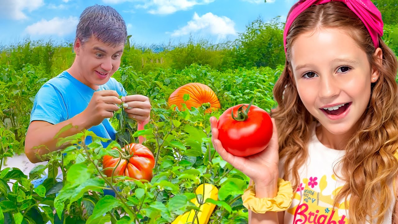 नस्त्या और पापा माँ के लिए खेत से सब्जियाँ और स्ट्रॉबेरी चुन रहे हैं - संकलन 1 घंटा