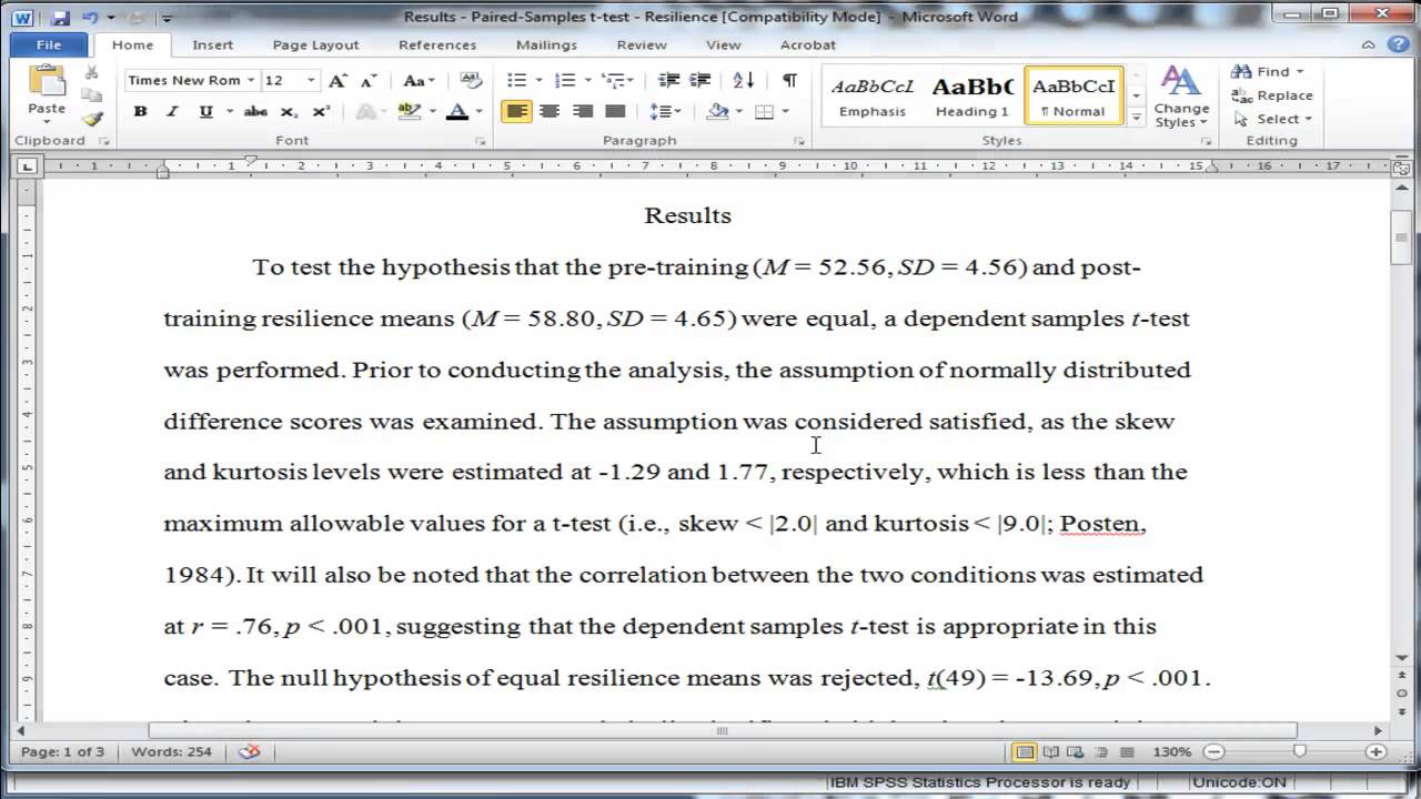 Paired Samples T Test Writing Up