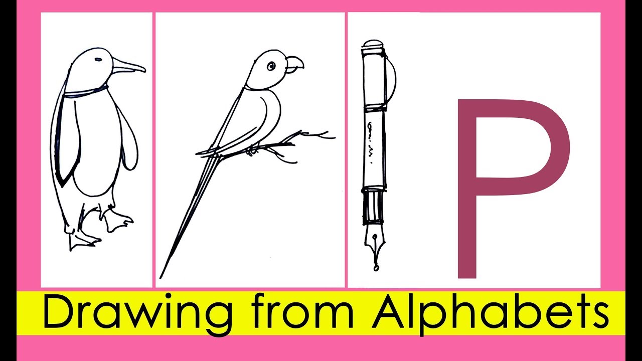 How to Draw Pictures with Alphabets Parrot, Penguin, Pen with Letter