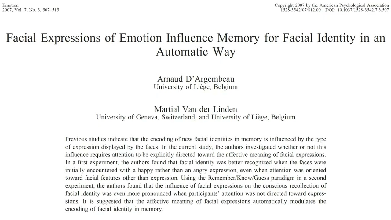 Estudo: Facial Expressions of Emotion Influence Memory for Facial Identity in an Automatic Way