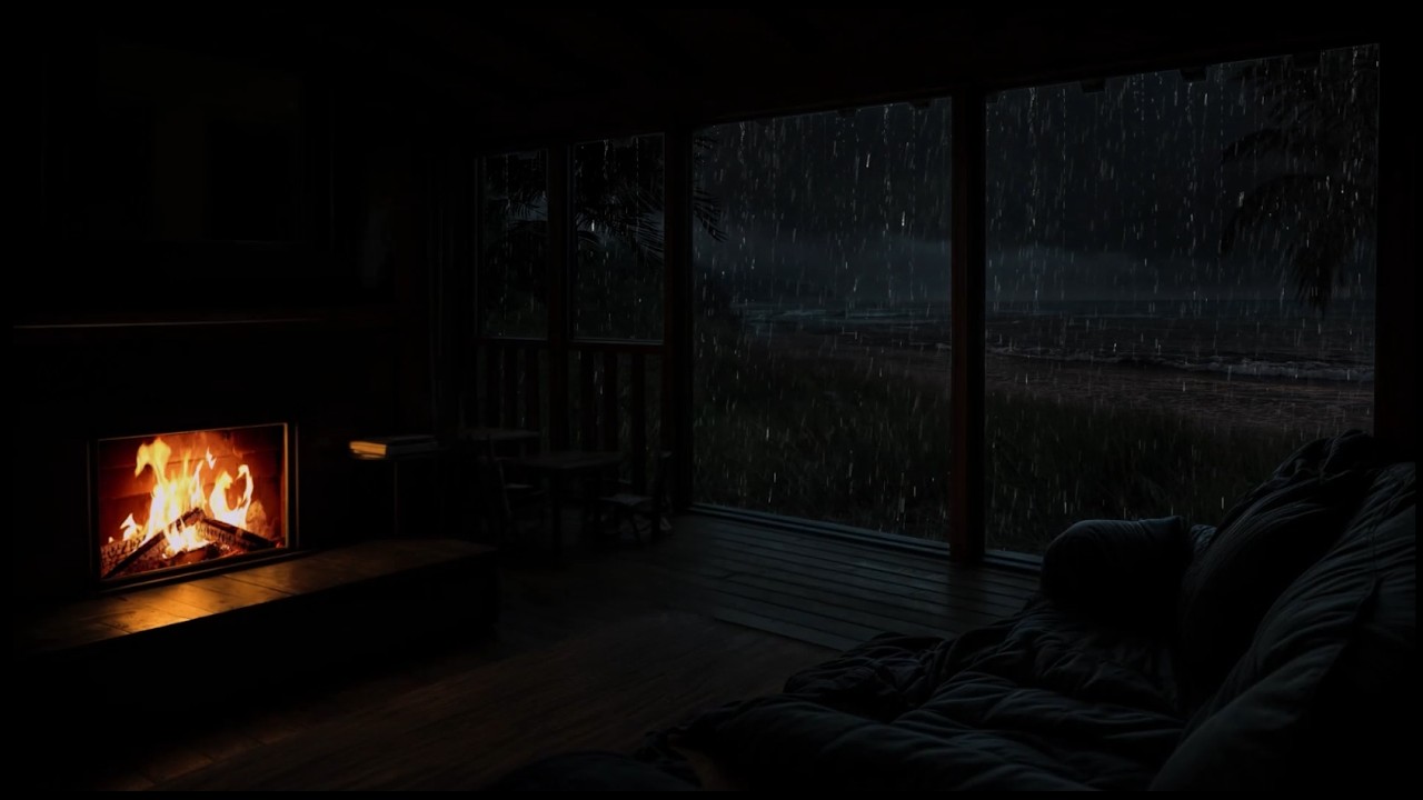 🌊⚡ Beach Cabin Thunderstorm Night | Rain on Glass & Cozy Fireplace for Study, Relax & Deep Sleep