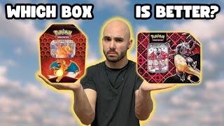 BATTLE OF THE BOXES!! | Pokemon TCG Hidden Fates Charizard GX Tin VS. Paldean Fates Charizard EX Tin