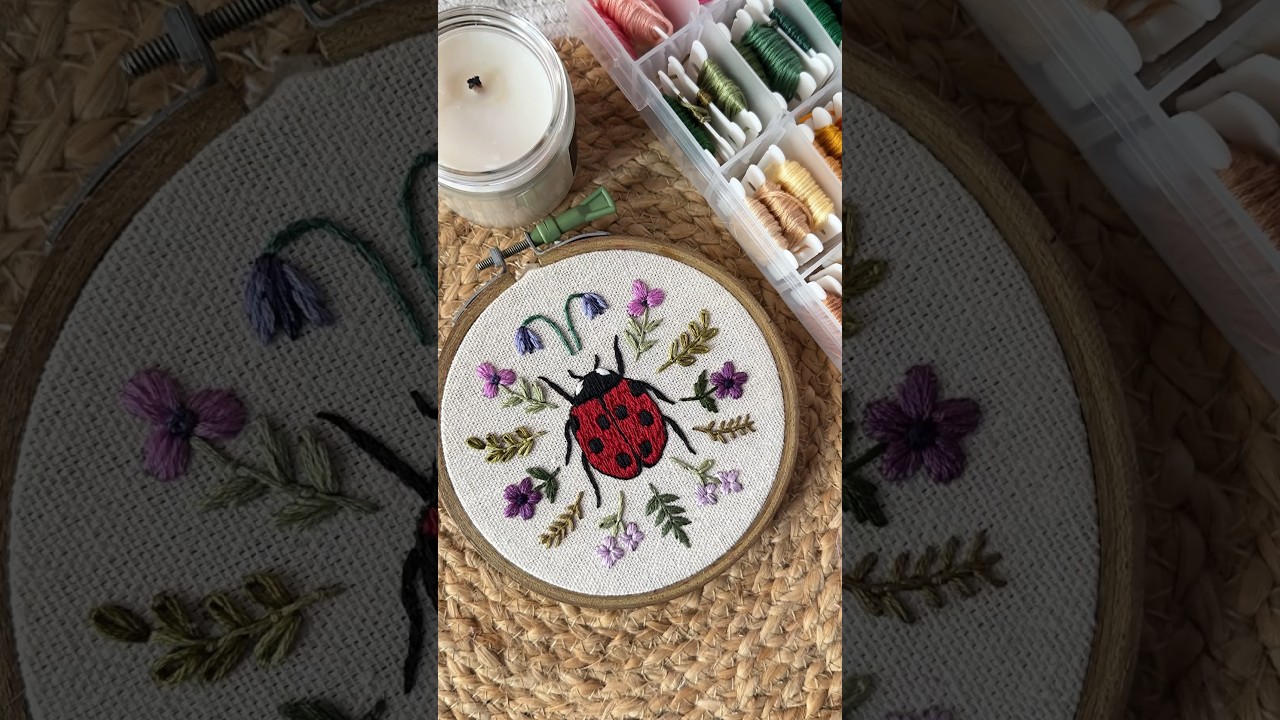 Ladybug and flowers embroidery hoop 