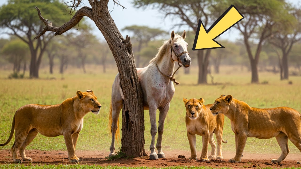 A Wounded Horse Faced a Pride of Lions — Then a Shadow Moved Behind the Trees!