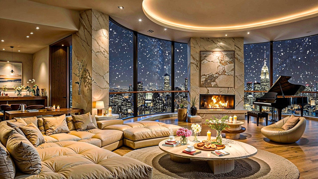 Peaceful Winter Night Jazz 🌨️ Cozy Apartment Ambience 🔥 Fireplace Sounds for Deep Focus & Study