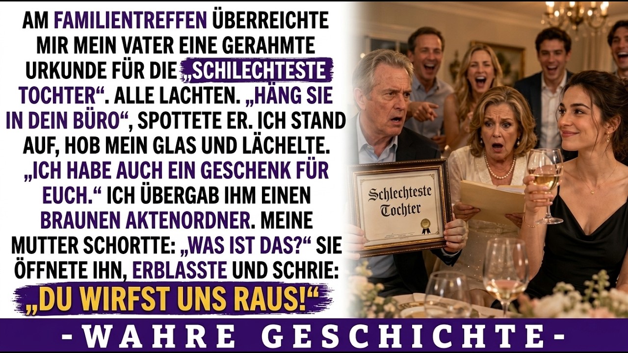 Mein Vater überreichte mir eine Urkunde: „Schlechteste Tochter“ — ich lächelte und gab ihm dafür die Urkunde, die er niemals vergessen würde.