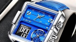 LIGE 8925C Double Quartz Movement Square Wrist Watches for men with brand box