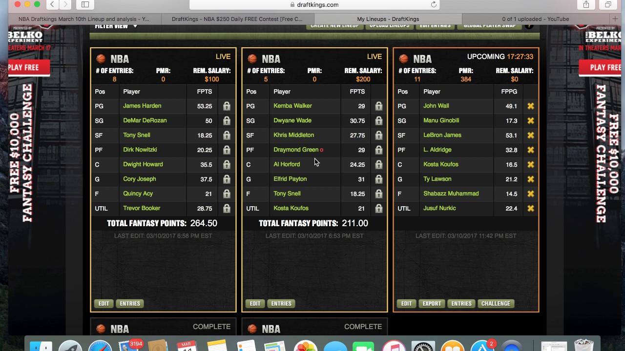 NBA Draftkings March 10th preliminary lineup YouTube