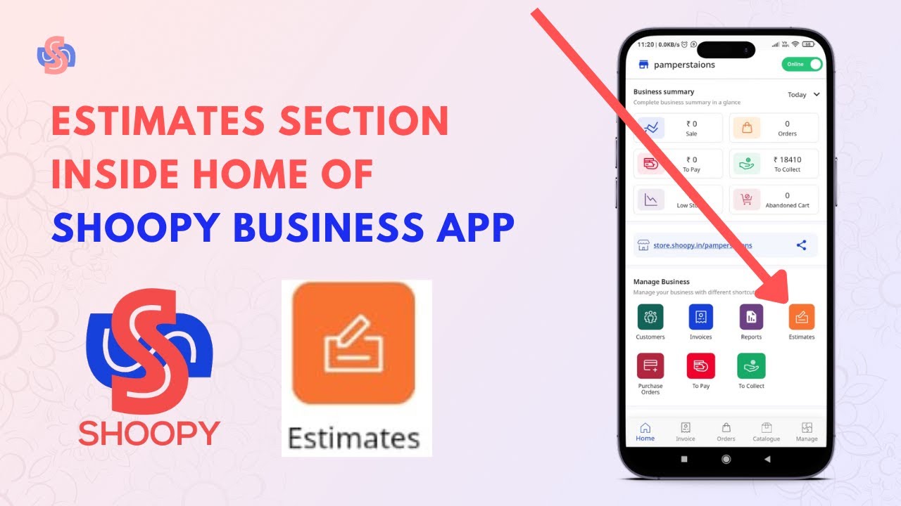 #10 ESTIMATES Features inside the Home section of Shoopy business app 